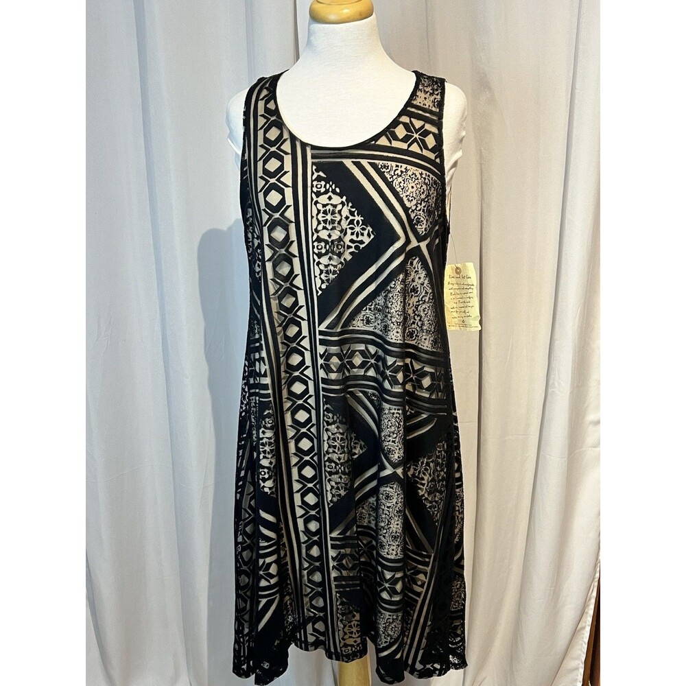 One World NWT Hi-Low Dress Aztec Print Large Black & Tan 2 Layer Print Women NEW - Picture 2 of 6